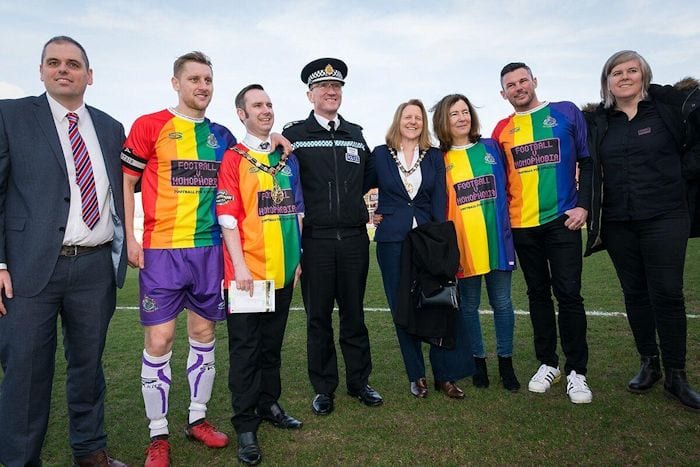 Altrincham Special football shirt 2019. Sponsored by Football v Homophobia