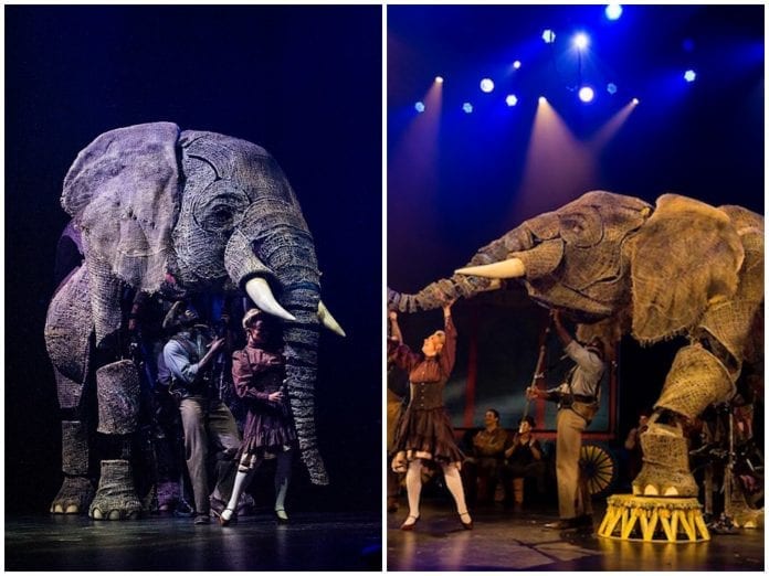 A circusthemed theatre production with giant elephant puppets is